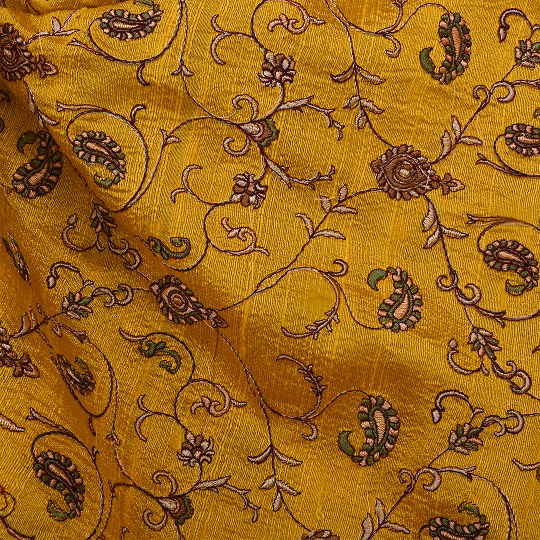 Dark Gold Dupion Raw Silk Paisley Embroidered Fabric