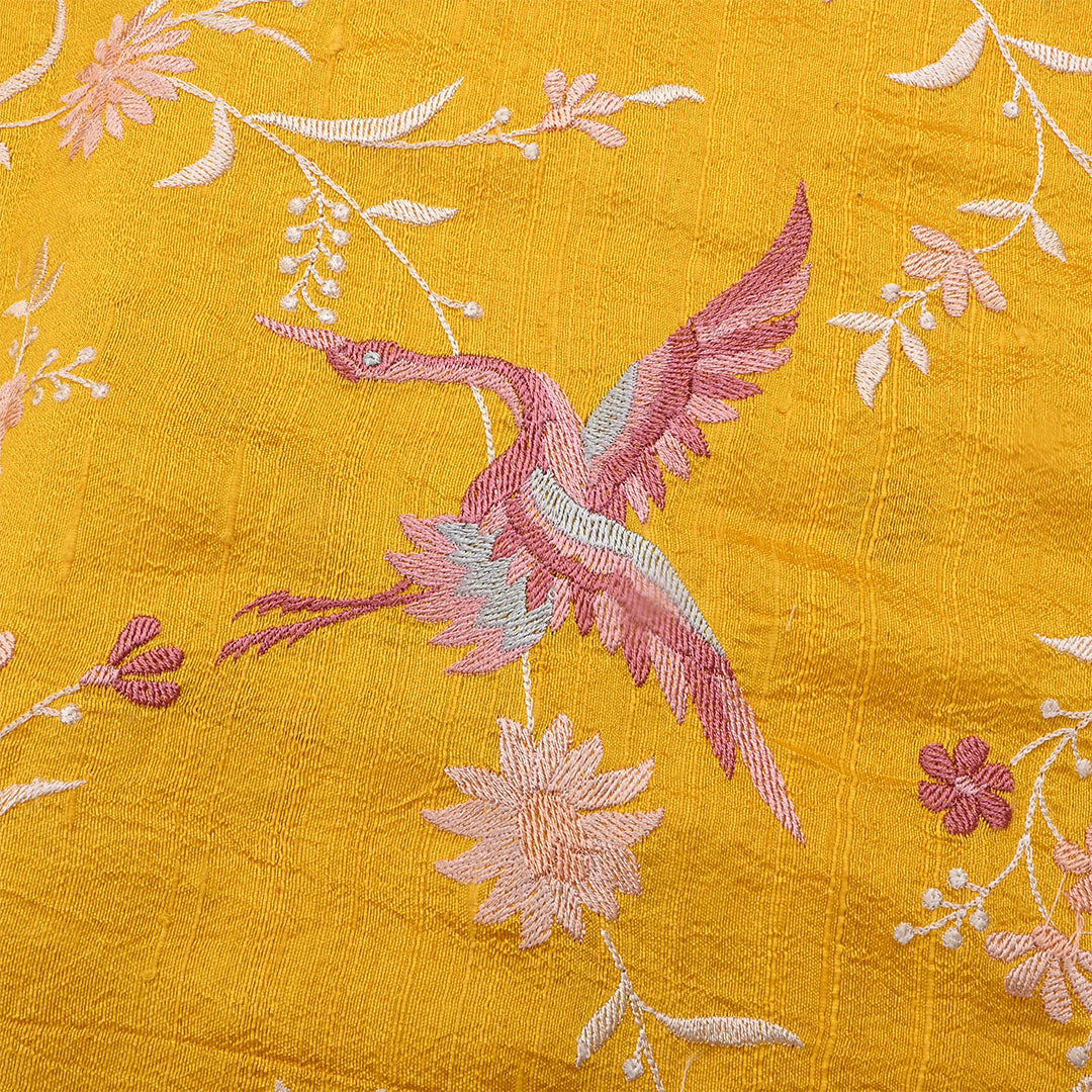 Bright Yellow Dupion Raw Silk Embroidered Fabric