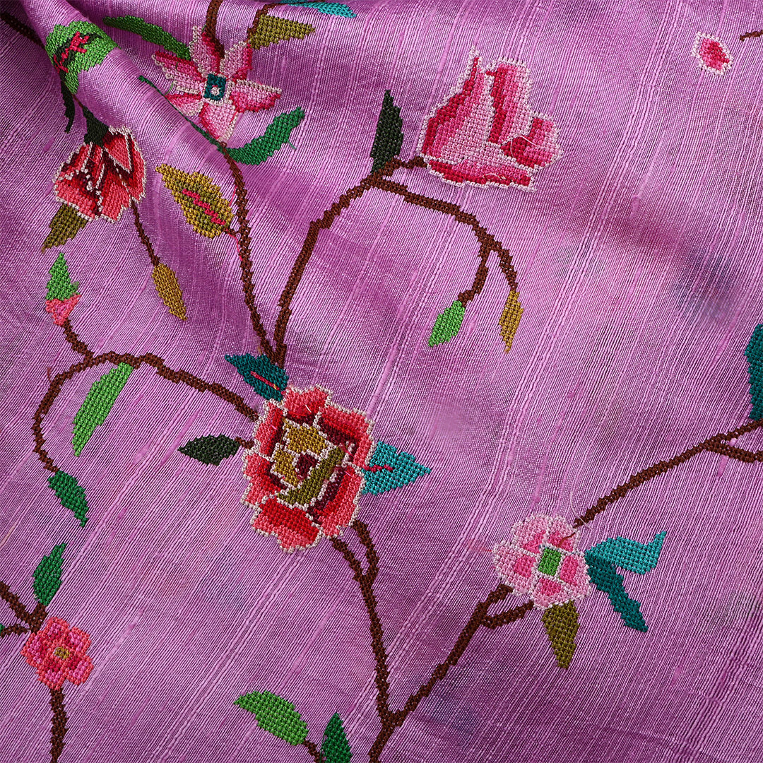 Dirty Purple Dupion Raw Silk Petit Point Embroidered Fabric