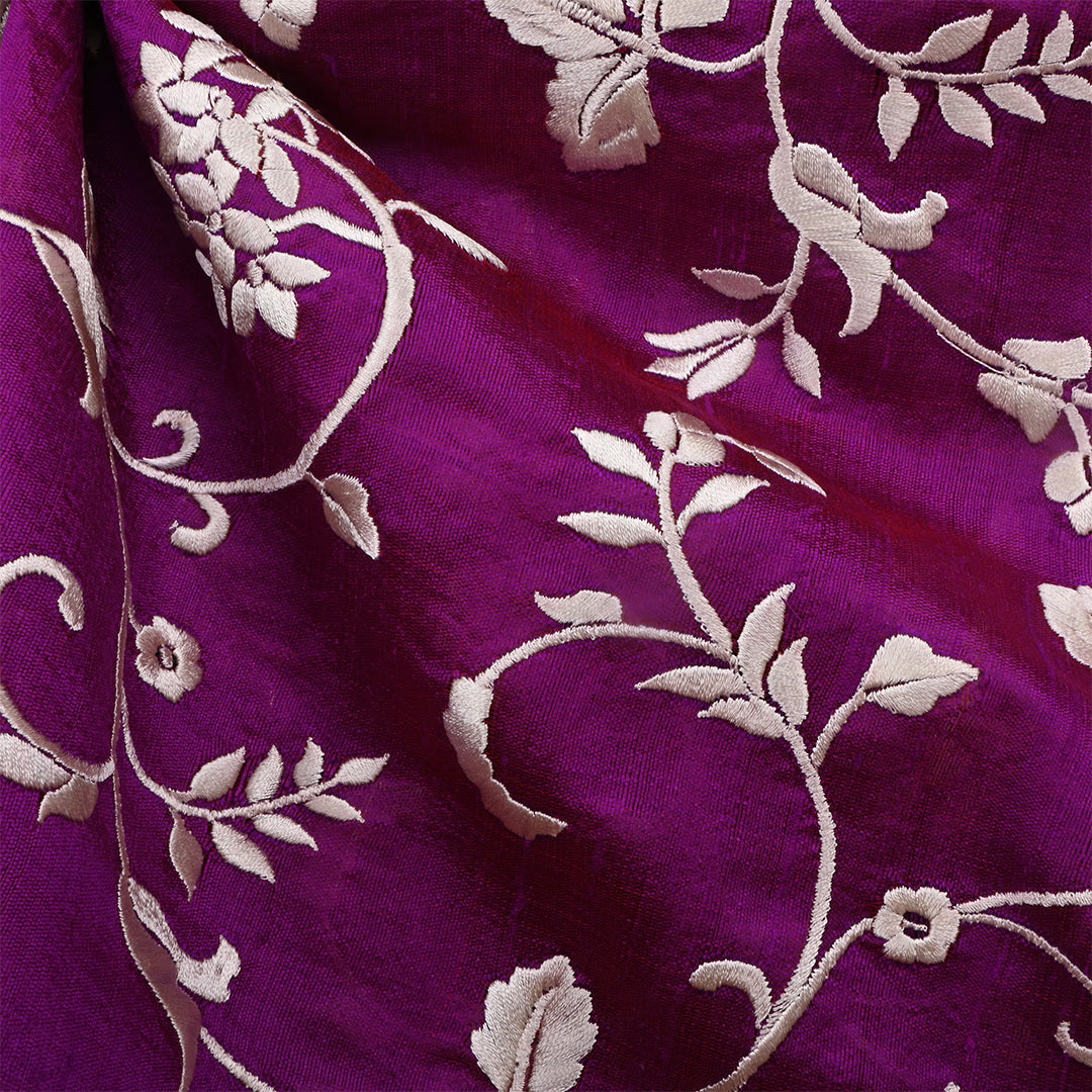 Purple Jam Dupion Raw Silk Embroidered Fabric