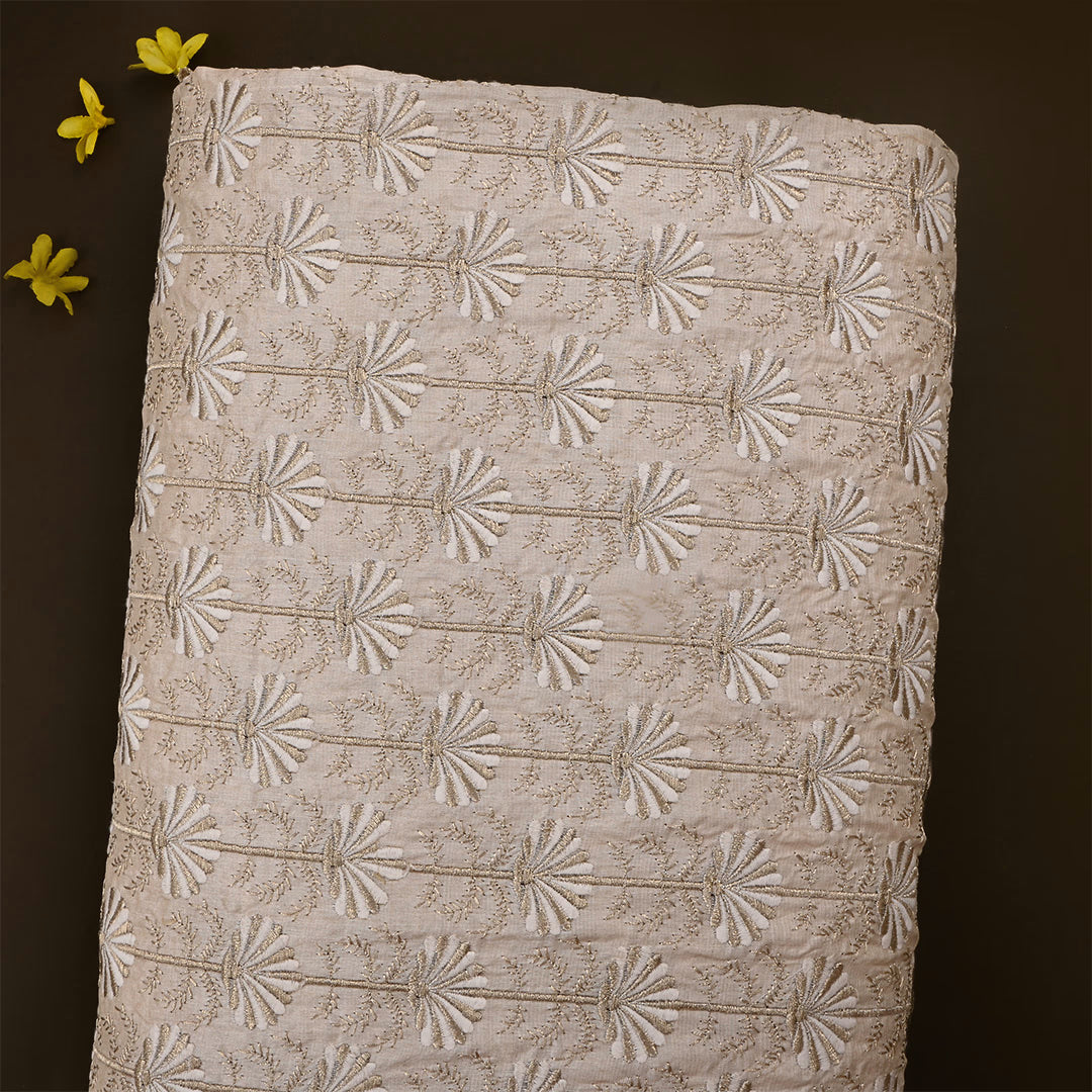Beige Tussar Embroidered Fabric