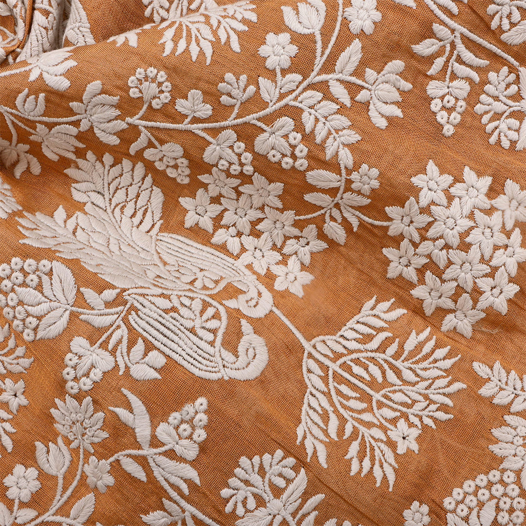 Orange Salmon Tissue Embroidered Fabric