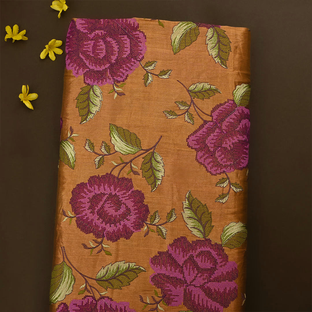 Ruddy Brown Orange Tissue Petit Point Embroidered Fabric