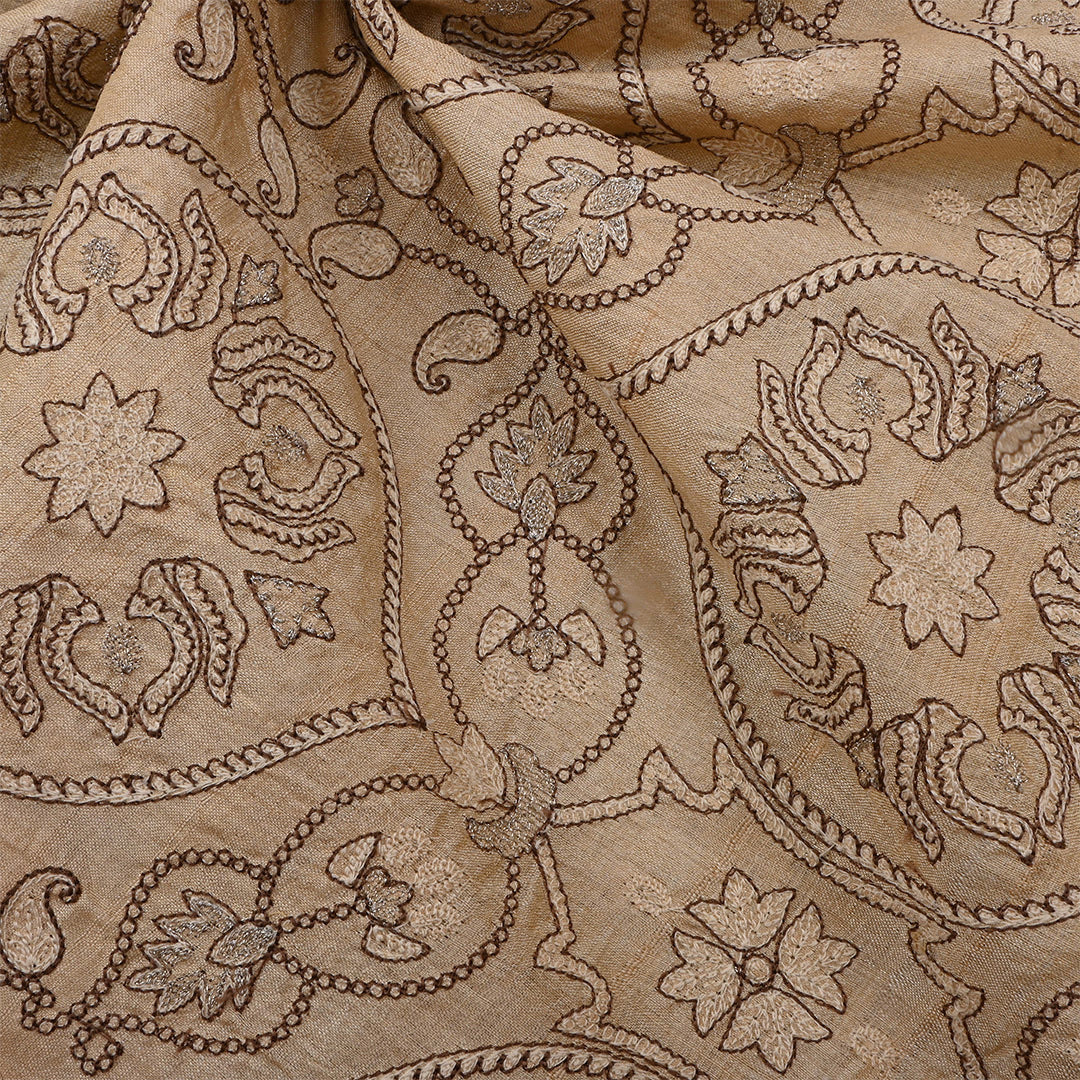 Beige Tussar Embroidered Fabric