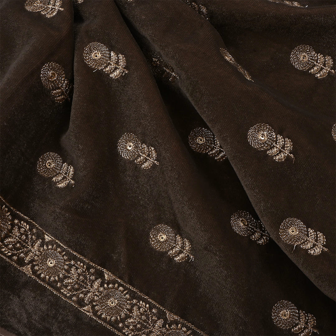 Wood Brown Velvet Zari Embroidered Fabric