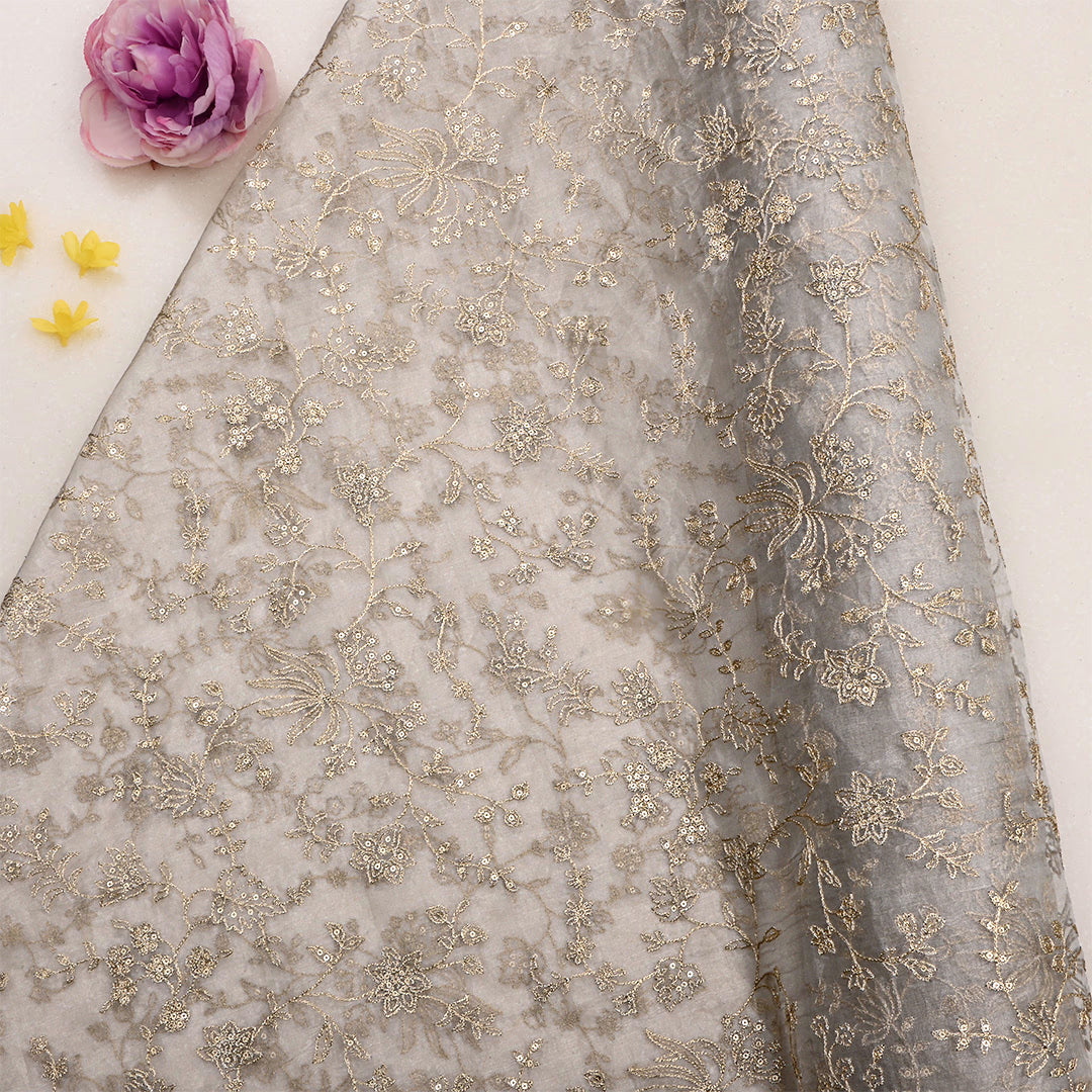 Silver Organza Zari Embroidered Fabric