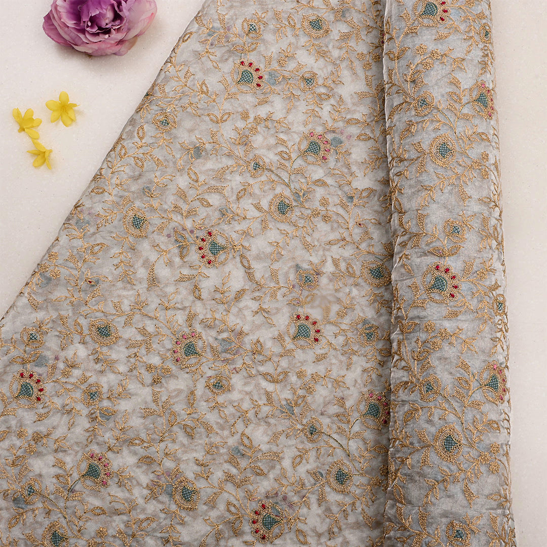 Powder White Tissue Organza Embroidered Fabric