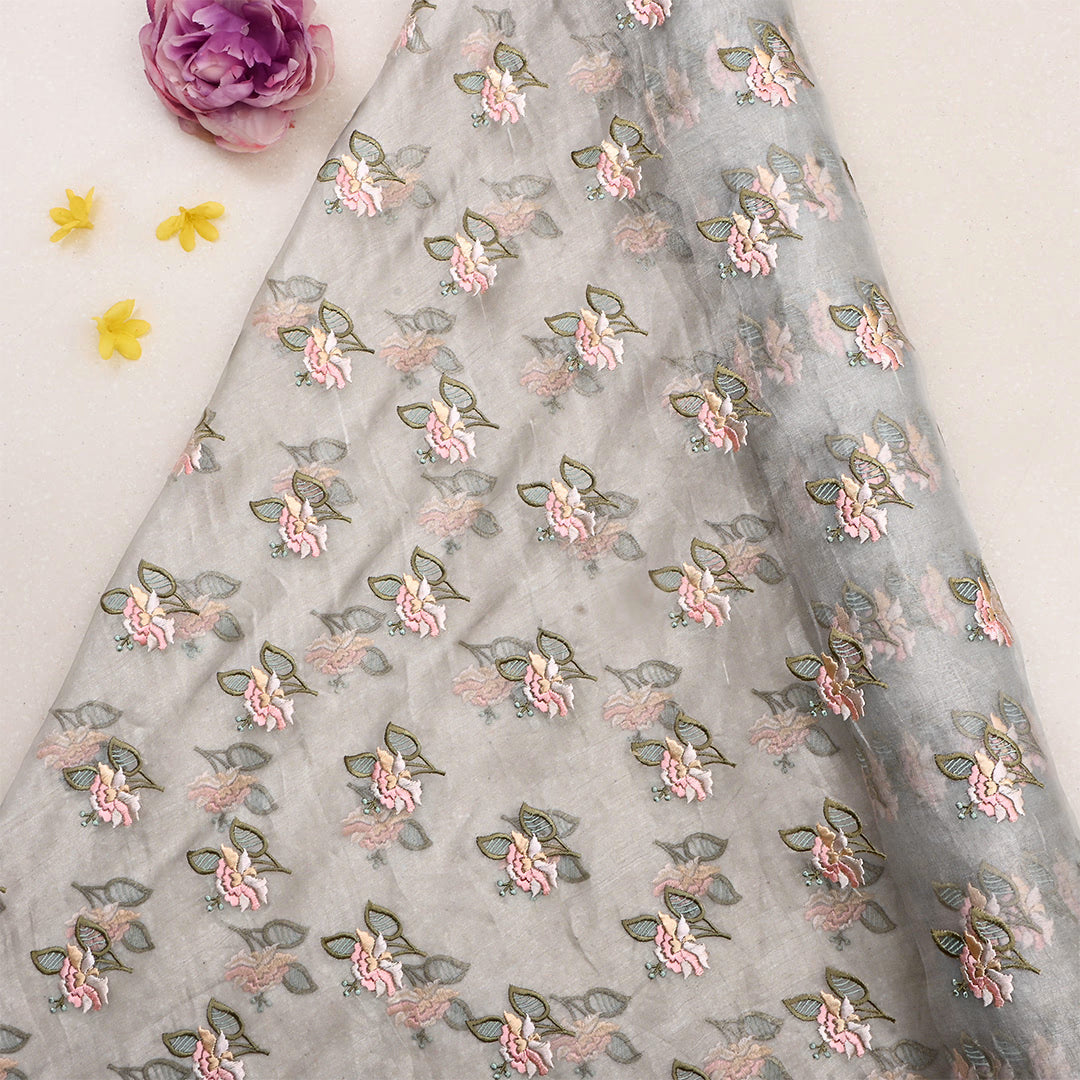 Silver Tissue Floral Embroidered Fabric