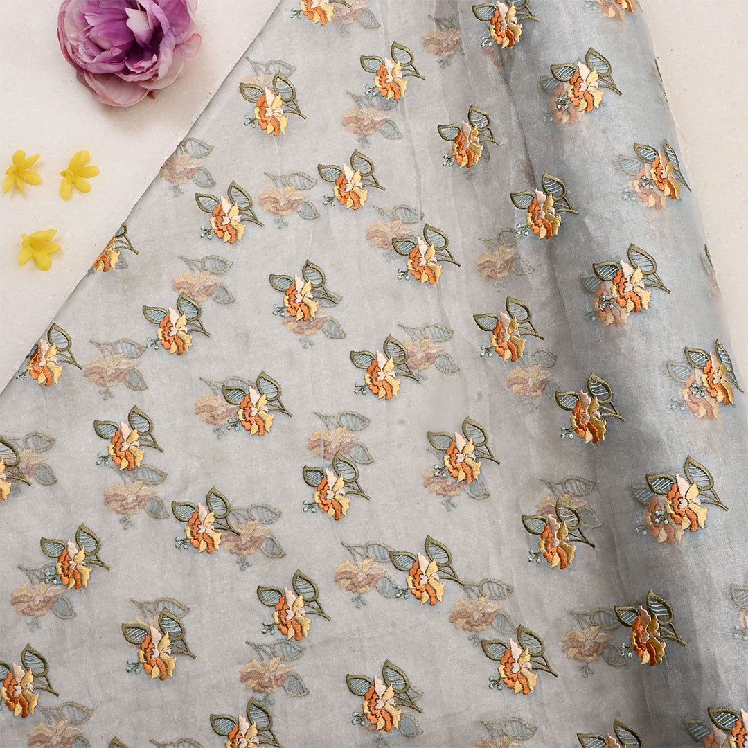Pastel Gray Tissue Floral Embroidered Fabric