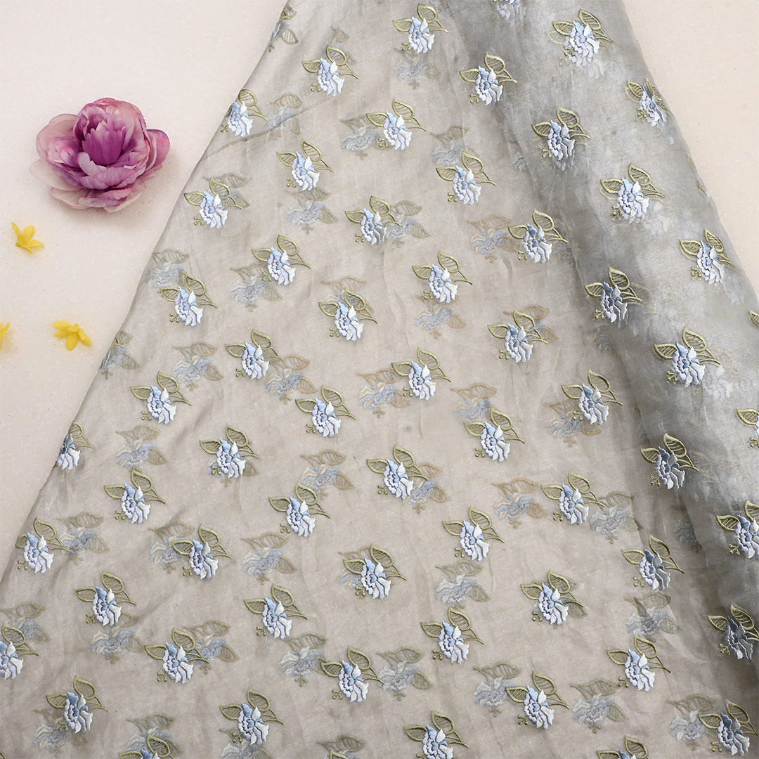 Metallic Silver Tissue Floral Embroidered Fabric