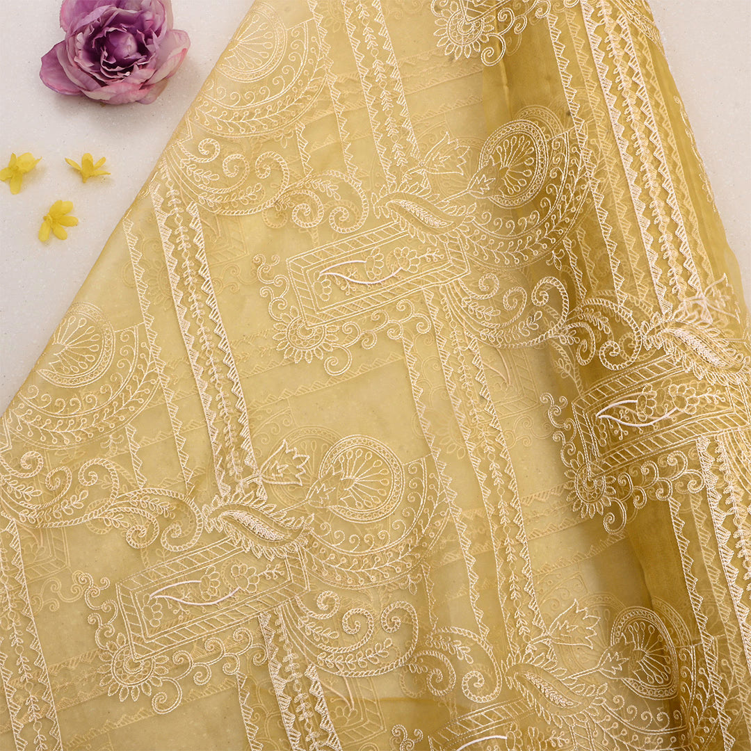 Dairy Yellow Organza Threadwork Fabric
