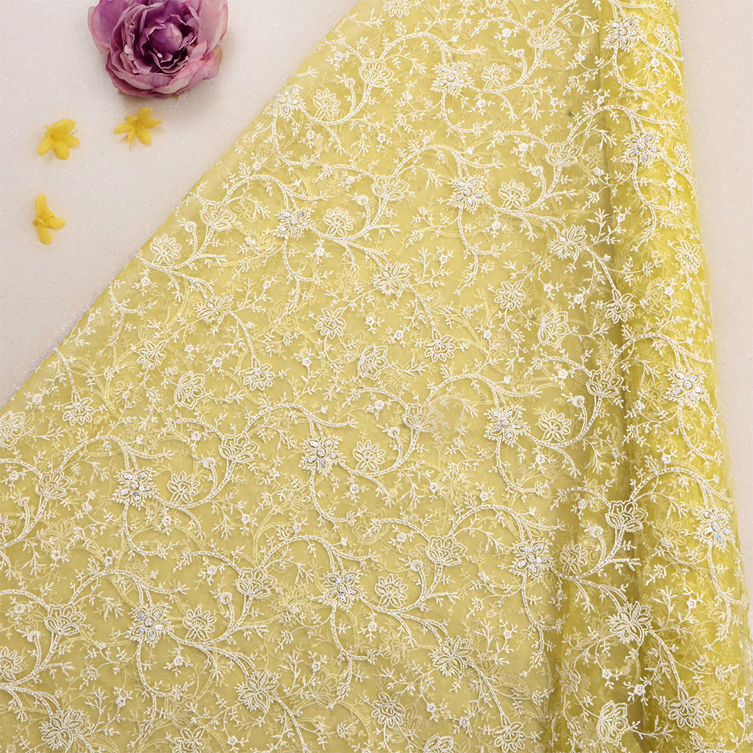 Tan Yellow Organza Embroidered Fabric