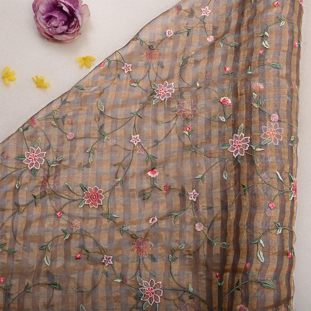 Dark Gray Tissue Embroidered Vine Fabric