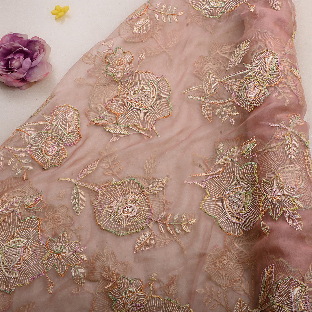 Apricot Peach Organza Embroidered Fabric