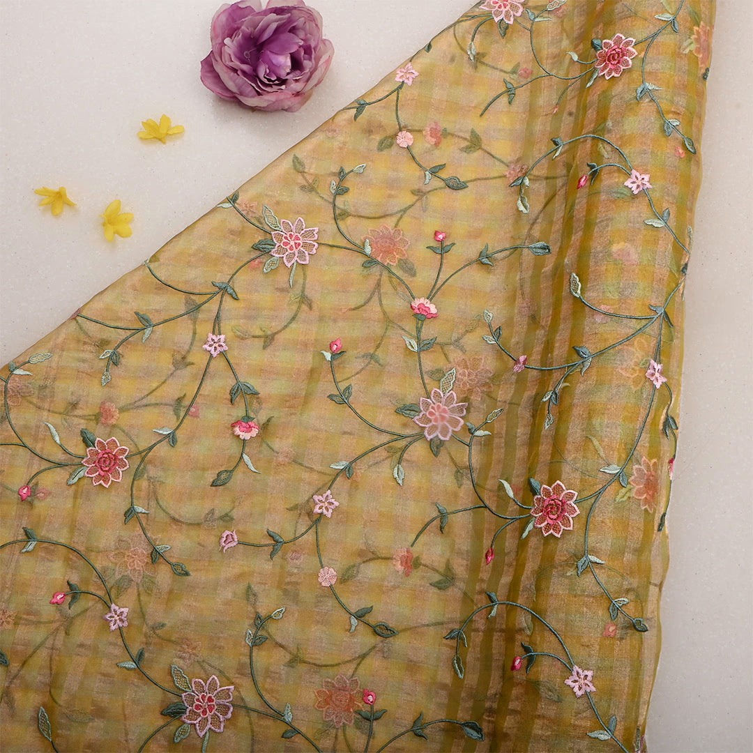 Trombone Yellow Tissue Embroidered Vine Fabric