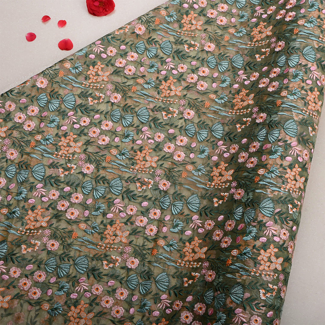 Donkey Brown Tissue Floral Embroidered Fabric