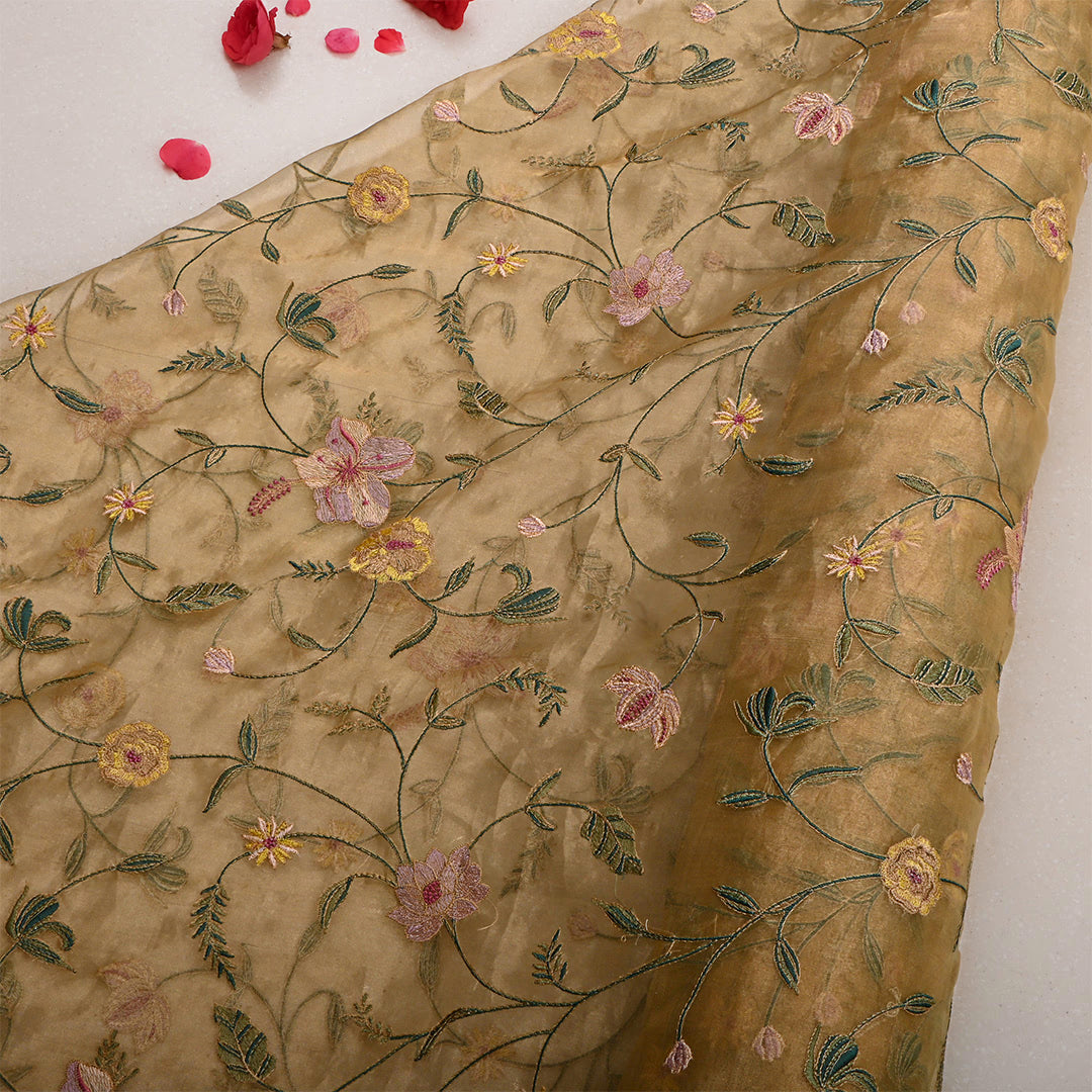 Dark Beige Tissue Embroidered Fabric