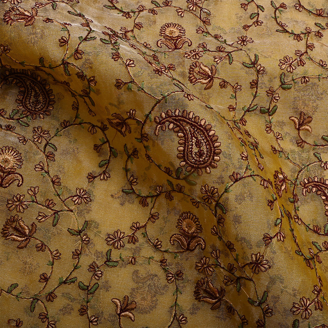 Buttered Rum Yellow Tissue Embroidered Fabric