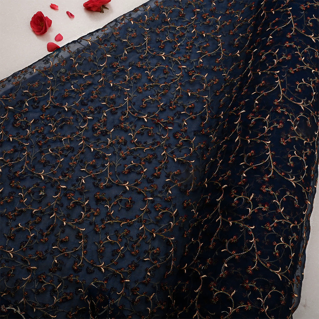 Dark Blue Gray Organza Thread Work Fabric