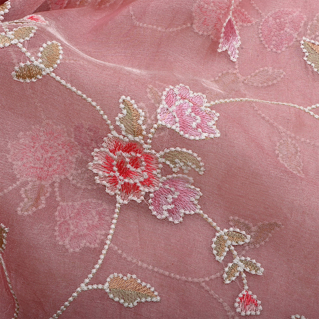 Lipstick Pink Tissue Embroidered Fabric
