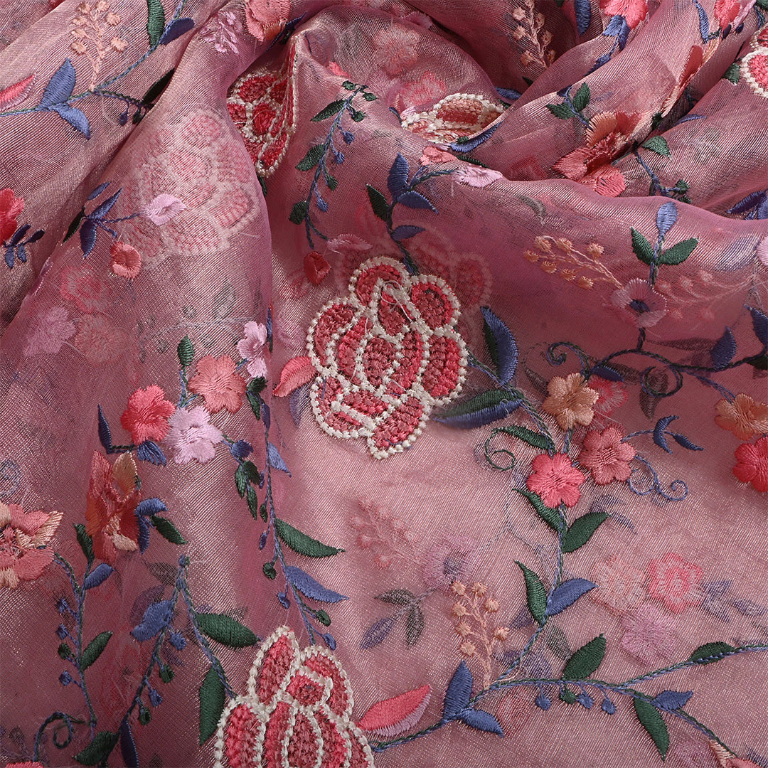 Greyish Pink Tissue Floral Embroidered Fabric