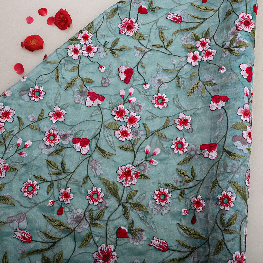 Beetle Green Tissue Embroidered Fabric