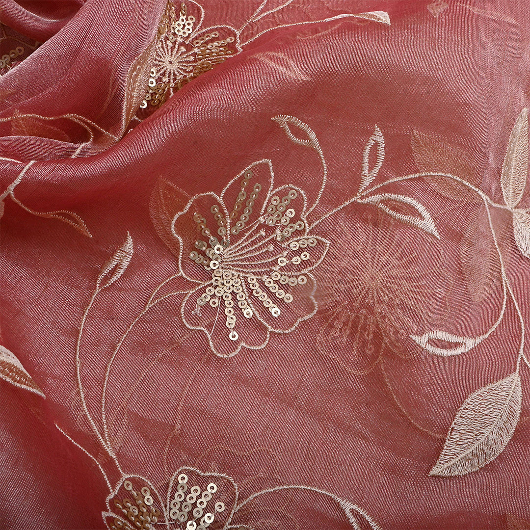 Wine Red Tissue Embroidered Fabric