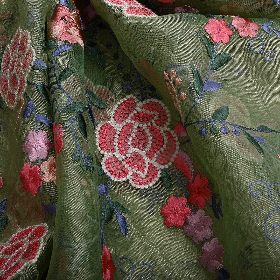 Pastel Light Green Tissue Floral Embroidered Fabric