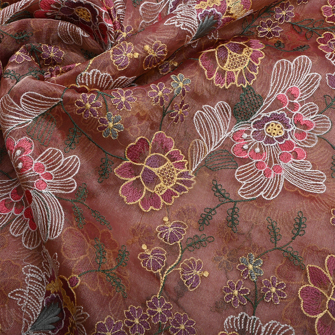 Metallic Copper Tissue Embroidered Fabric