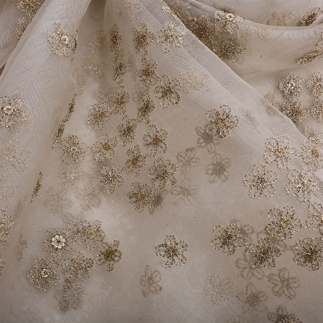 Off White Organza Zari Embroidered Fabric