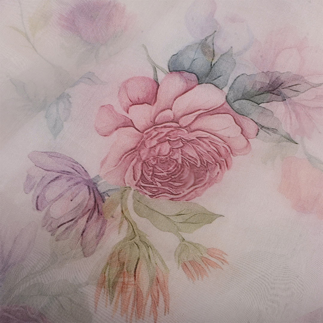 White Organza Floral Printed Fabric