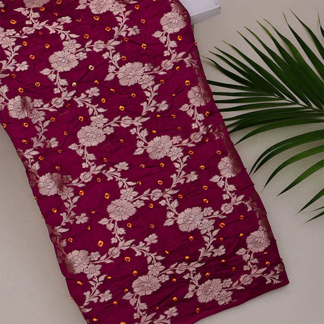 Castro Pinkish Red Silk Bandhani Fabric With Floral Jaal