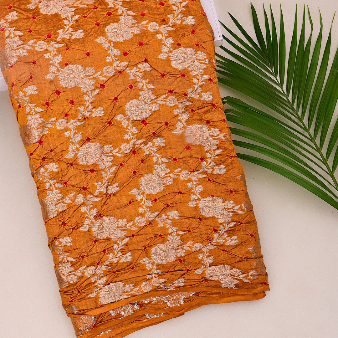 Rust Brown Silk Bandhani Fabric With Floral Jaal