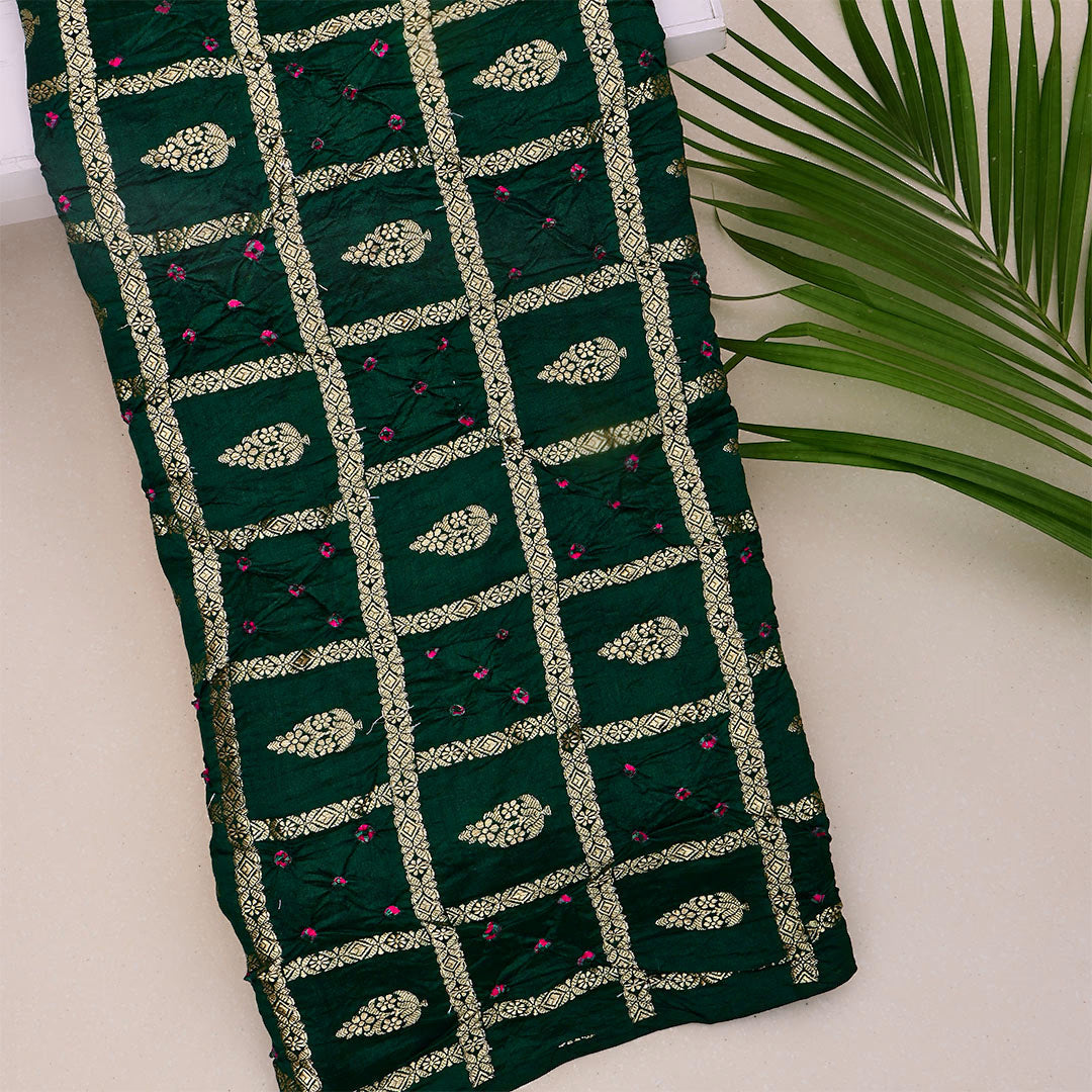 Timber Green Silk Bandhani Fabric With Floral Jaal