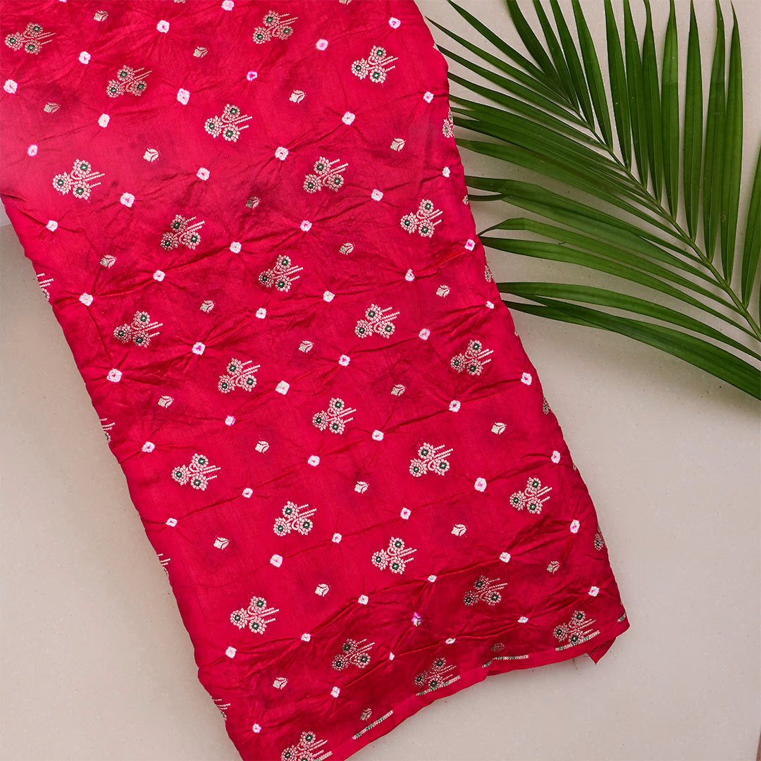 Shiraz Red Silk Bandhani Fabric With Motifs