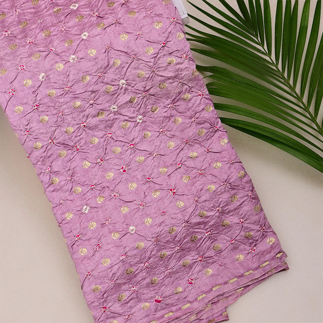 Light Mauve Silk Bandhani Fabric With Floral Motifs