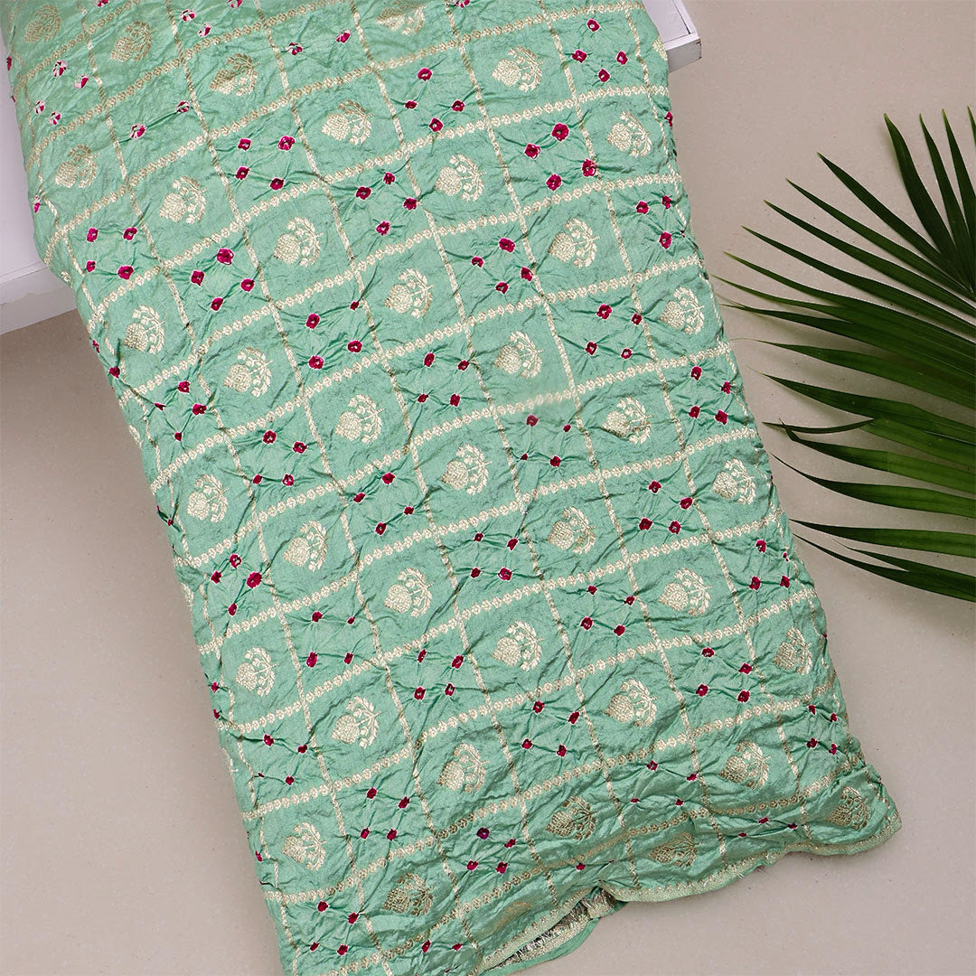 Viridian Green Silk Bandhani Fabric With Checks Patterns