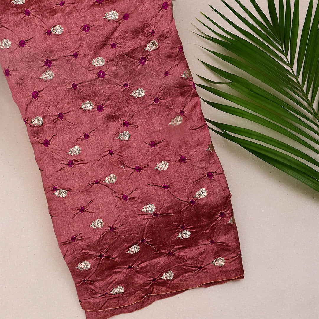 Wine Red Silk Bandhani Fabric With Floral Motifs
