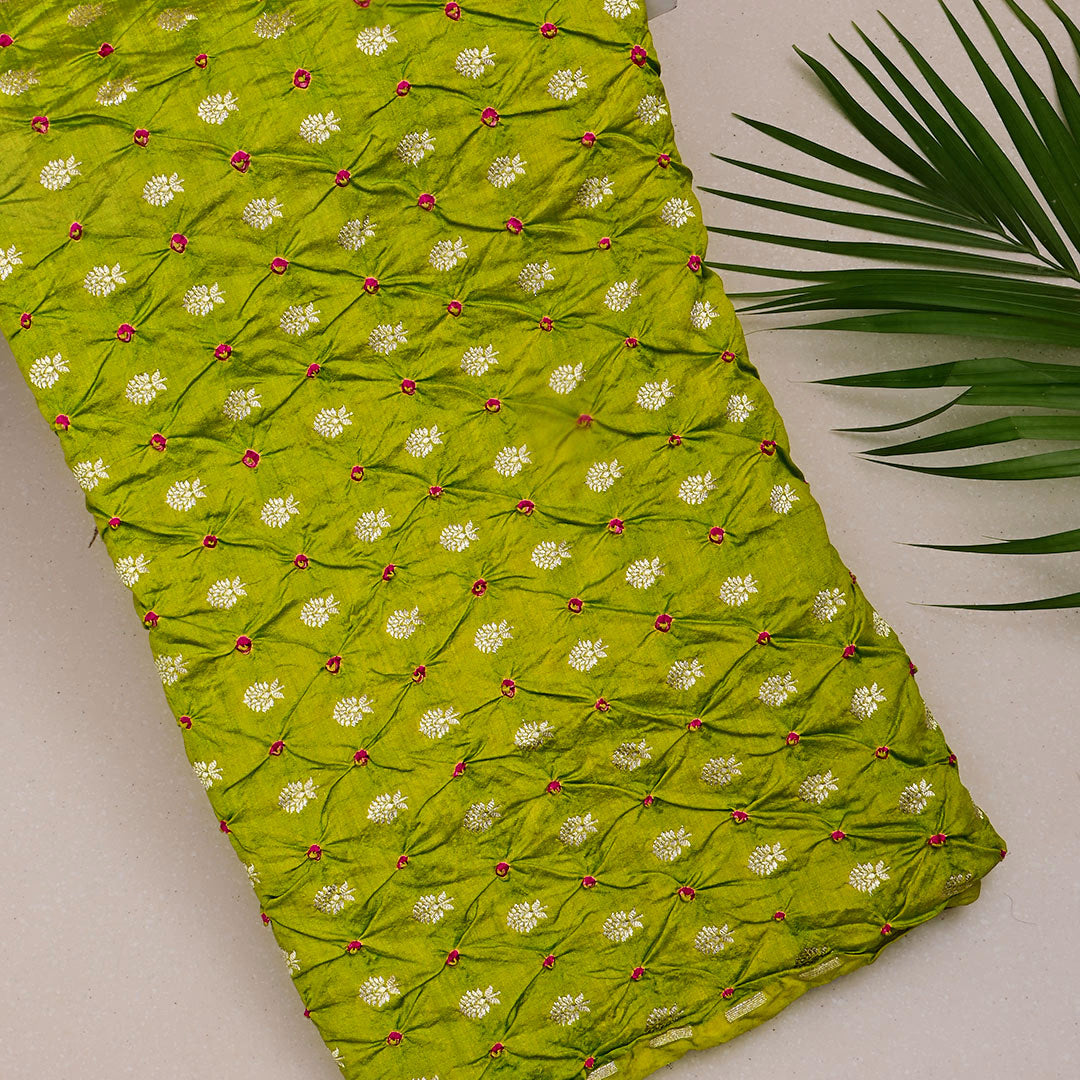 Greeny Brown Silk Bandhani Fabric With Floral Motifs