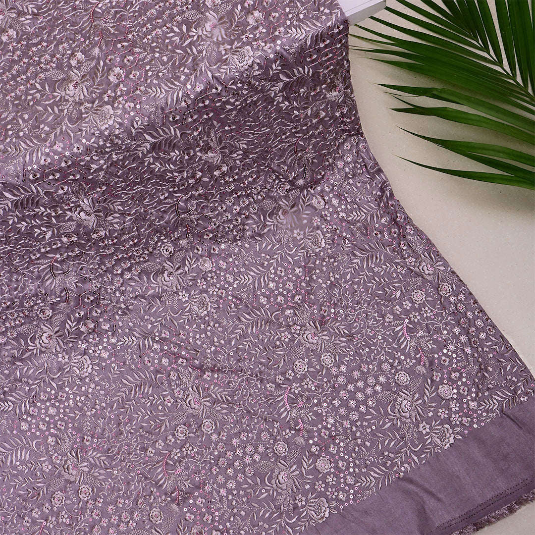 Purple Taupe Silk Embroidered Fabric