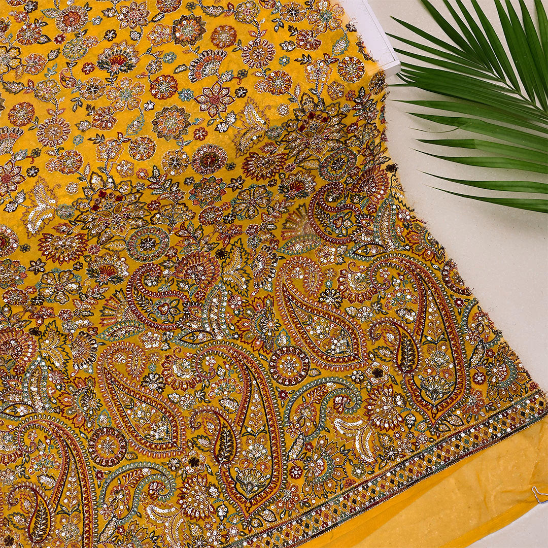 Mustard Yellow Georgette Embroidered Fabric