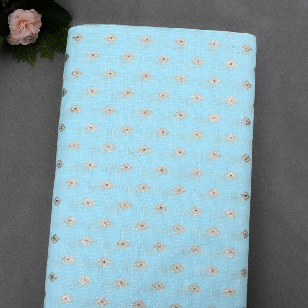 Coral Blue Jamawar Silk Fabric With Butti'S