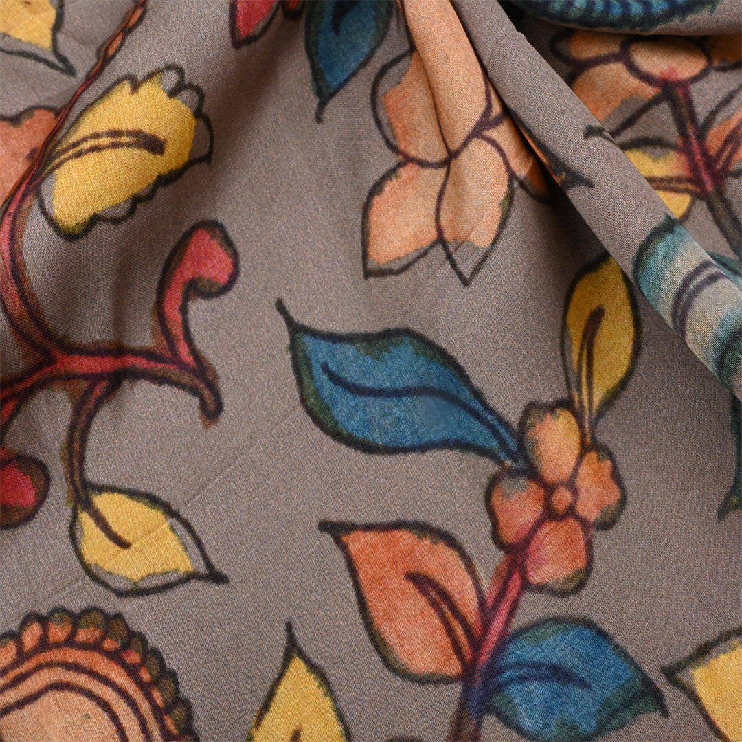 Cinereous Red Satin Fabric With Kalamkari Print