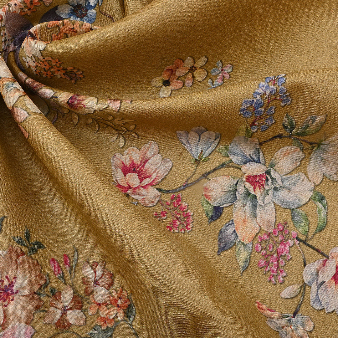 Muddy Waters Yellow Tussar Fabric With Floral Prints