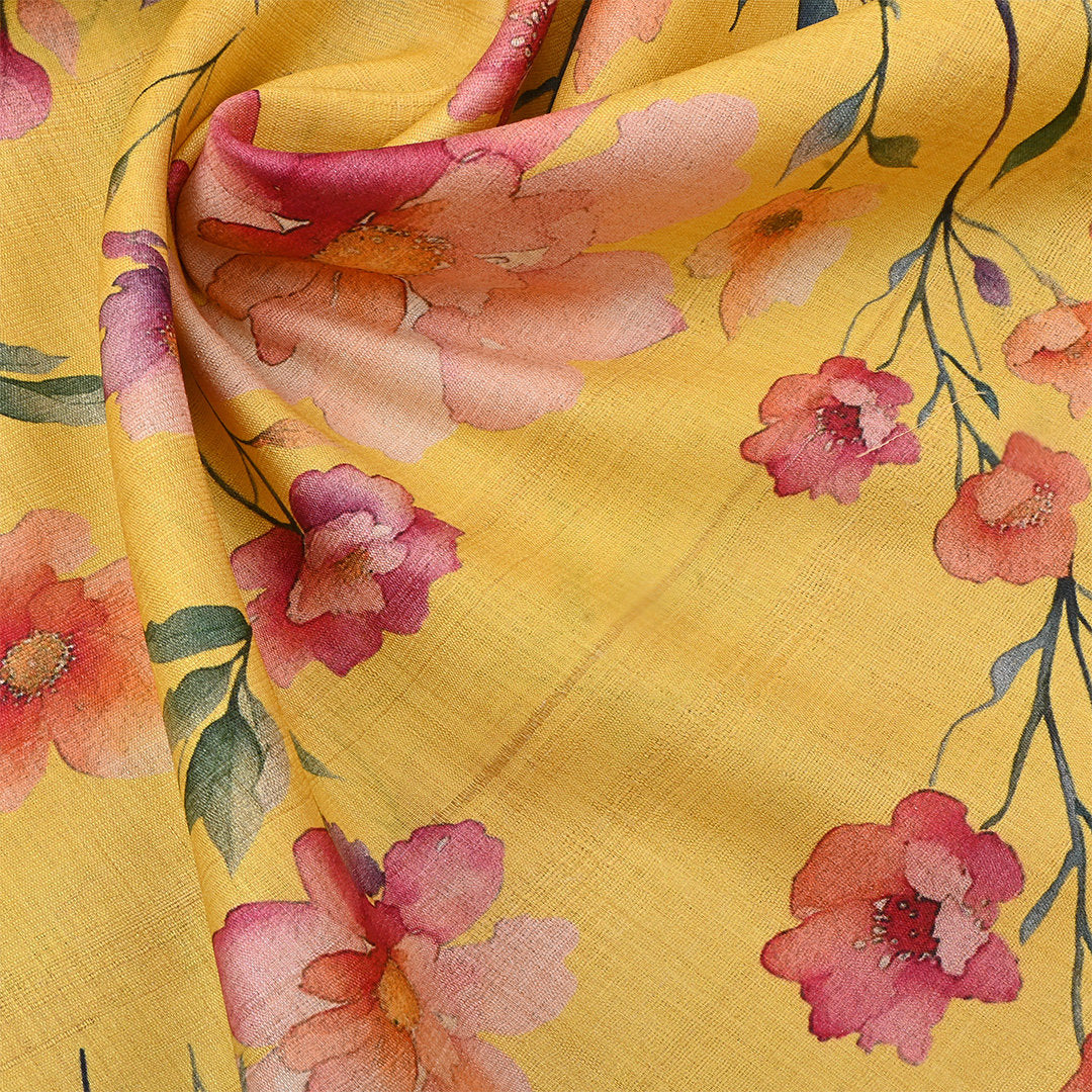 Apache Yellow Tussar Fabric With Floral Prints