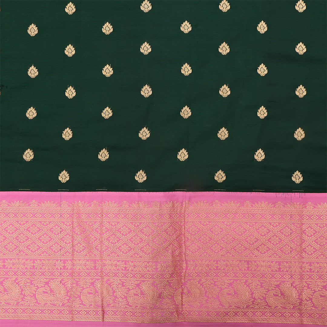 Bottle Green Jamawar Silk Fabric With Contrast Border
