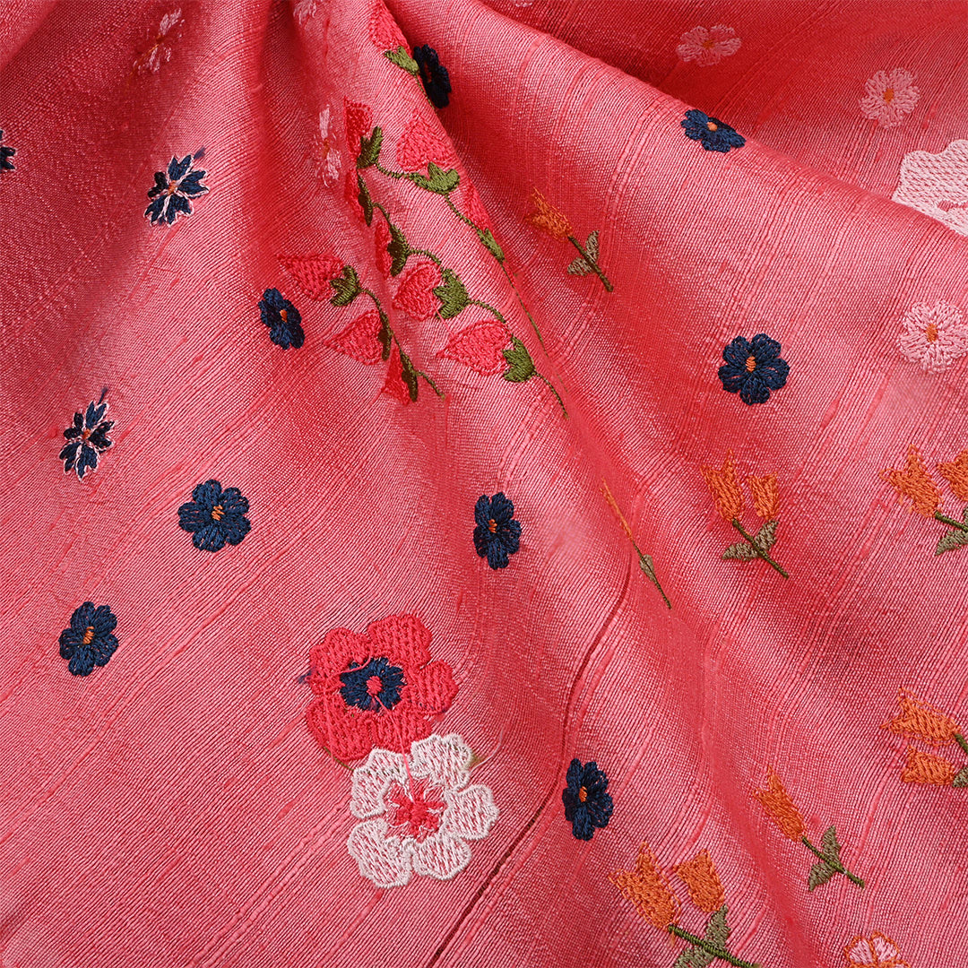 Indian Red Dupion Raw Silk Embroidered Fabric