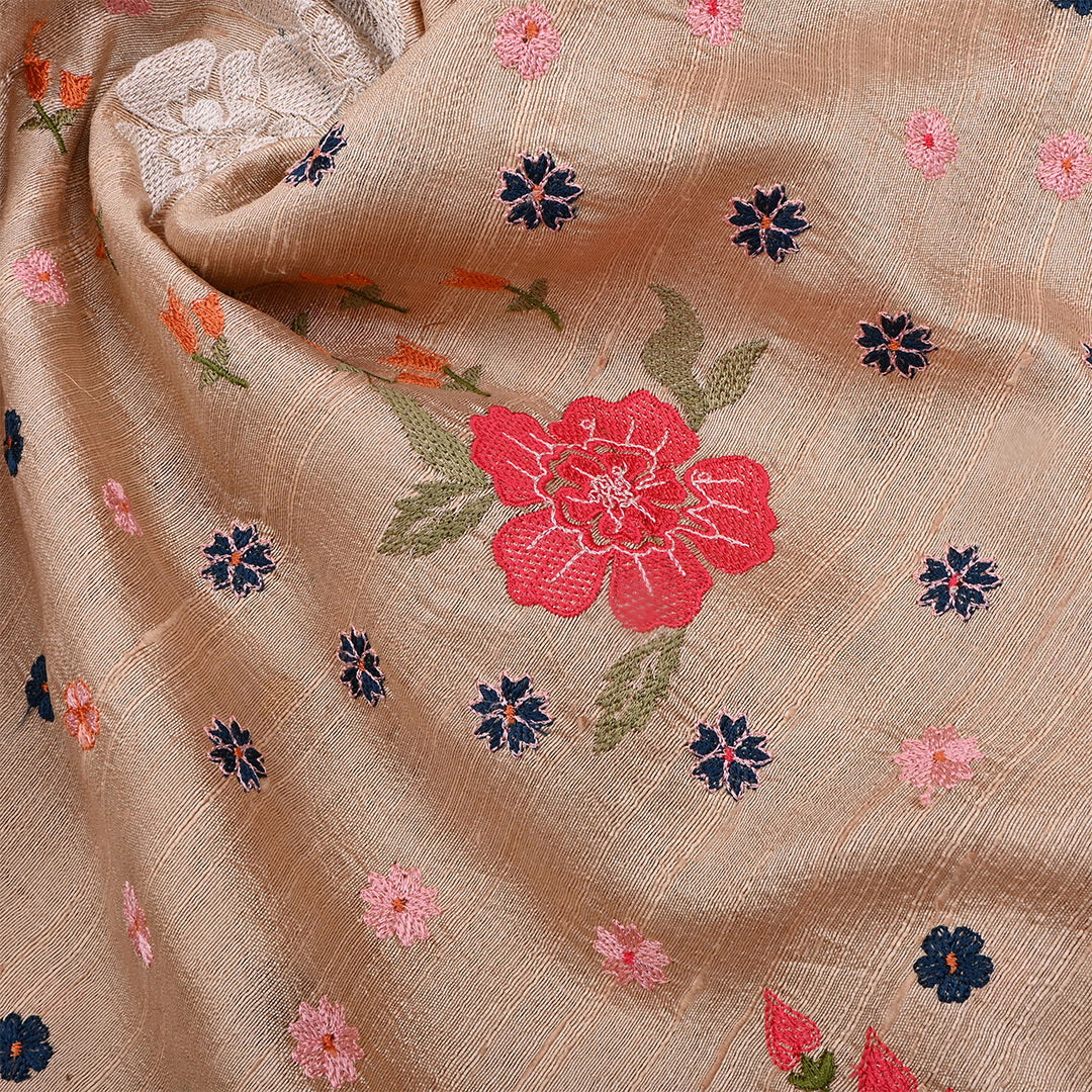 Almond Beige Dupion Raw Silk Embroidered Fabric