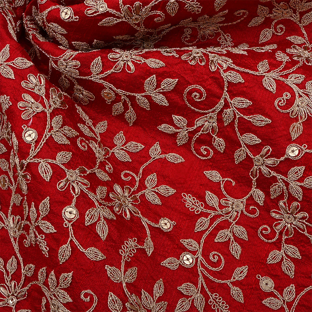 Milano Red Dupion Raw Silk Zari Embroidered Fabric