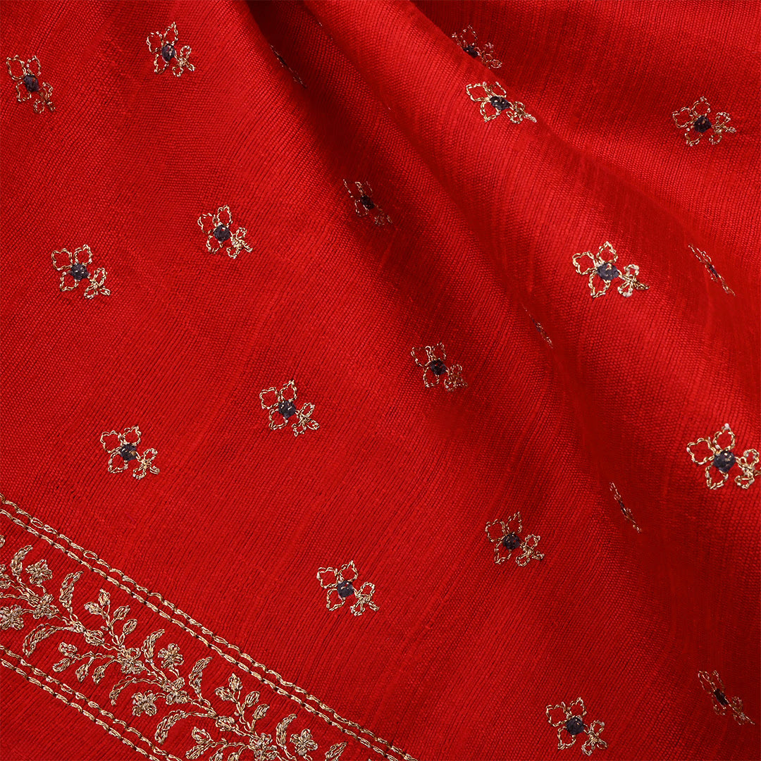 Venetian Red Dupion Raw Silk Zari Embroidered Fabric